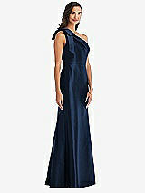 Alt View 3 Thumbnail - Midnight Navy Bow One-Shoulder Satin Trumpet Gown