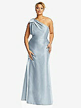 Alt View 4 Thumbnail - Mist Bow One-Shoulder Satin Trumpet Gown