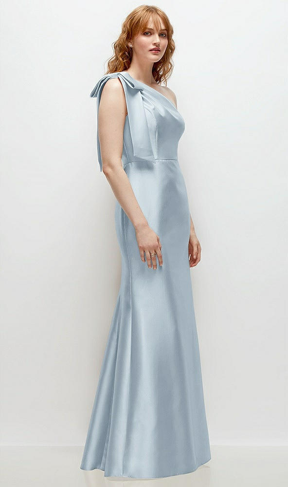 Back View - Mist Bow One-Shoulder Satin Trumpet Gown