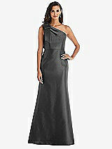 Alt View 1 Thumbnail - Pewter Bow One-Shoulder Satin Trumpet Gown