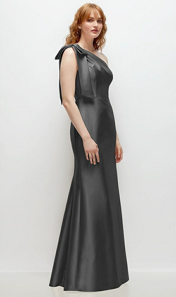 Back View - Pewter Bow One-Shoulder Satin Trumpet Gown