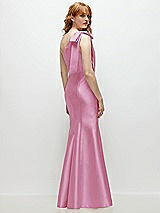 Side View Thumbnail - Powder Pink Bow One-Shoulder Satin Trumpet Gown