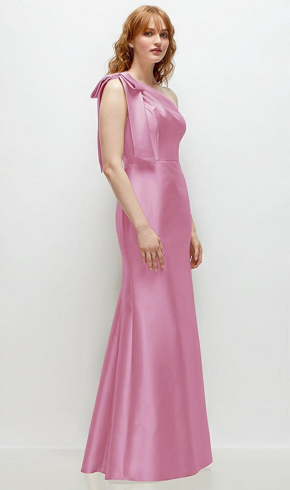 Back View - Powder Pink Bow One-Shoulder Satin Trumpet Gown