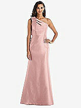 Alt View 1 Thumbnail - Rose - PANTONE Rose Quartz Bow One-Shoulder Satin Trumpet Gown