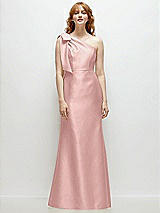 Front View Thumbnail - Rose - PANTONE Rose Quartz Bow One-Shoulder Satin Trumpet Gown