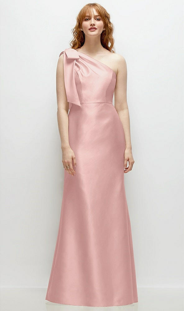 Front View - Rose - PANTONE Rose Quartz Bow One-Shoulder Satin Trumpet Gown