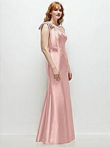 Rear View Thumbnail - Rose - PANTONE Rose Quartz Bow One-Shoulder Satin Trumpet Gown