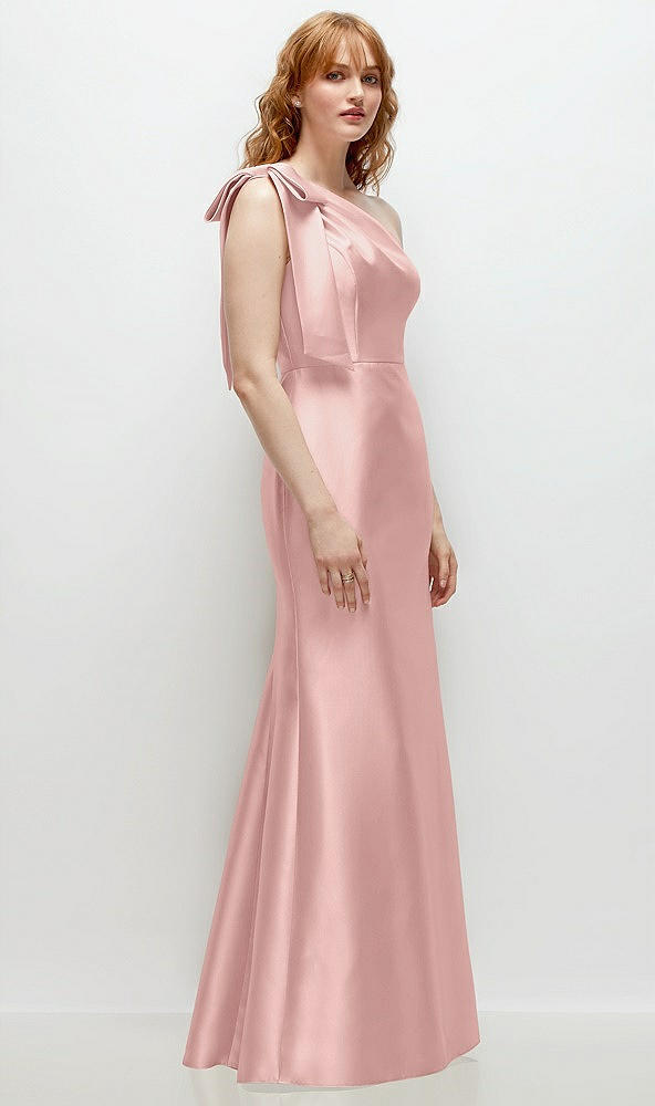 Back View - Rose - PANTONE Rose Quartz Bow One-Shoulder Satin Trumpet Gown