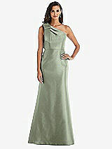 Alt View 1 Thumbnail - Sage Bow One-Shoulder Satin Trumpet Gown