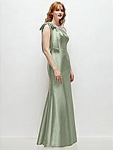 Rear View Thumbnail - Sage Bow One-Shoulder Satin Trumpet Gown