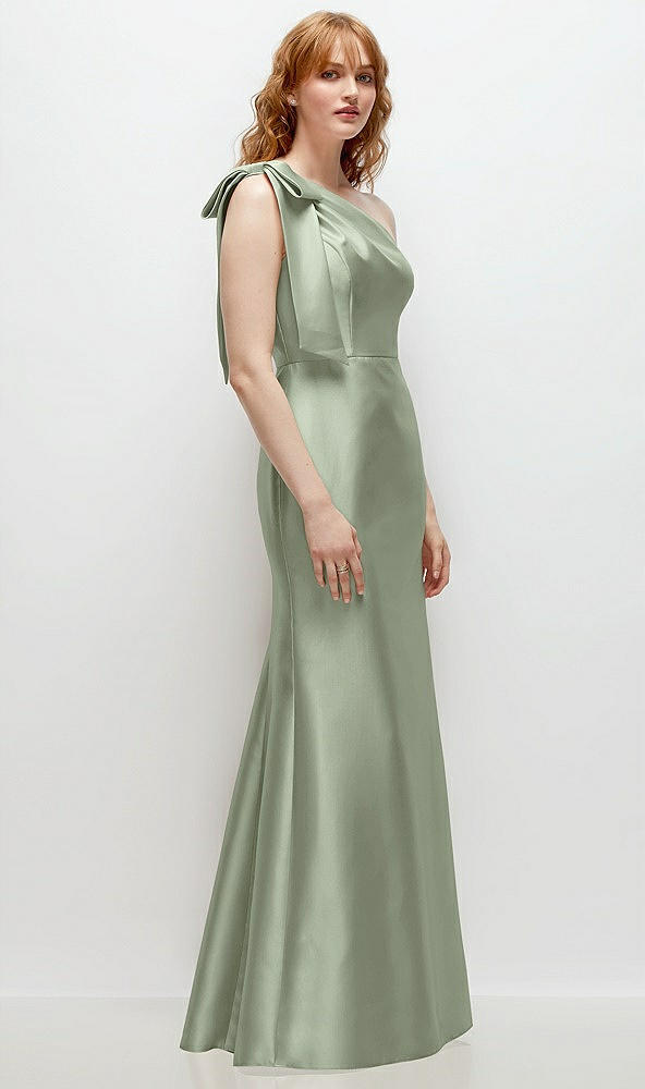 Back View - Sage Bow One-Shoulder Satin Trumpet Gown