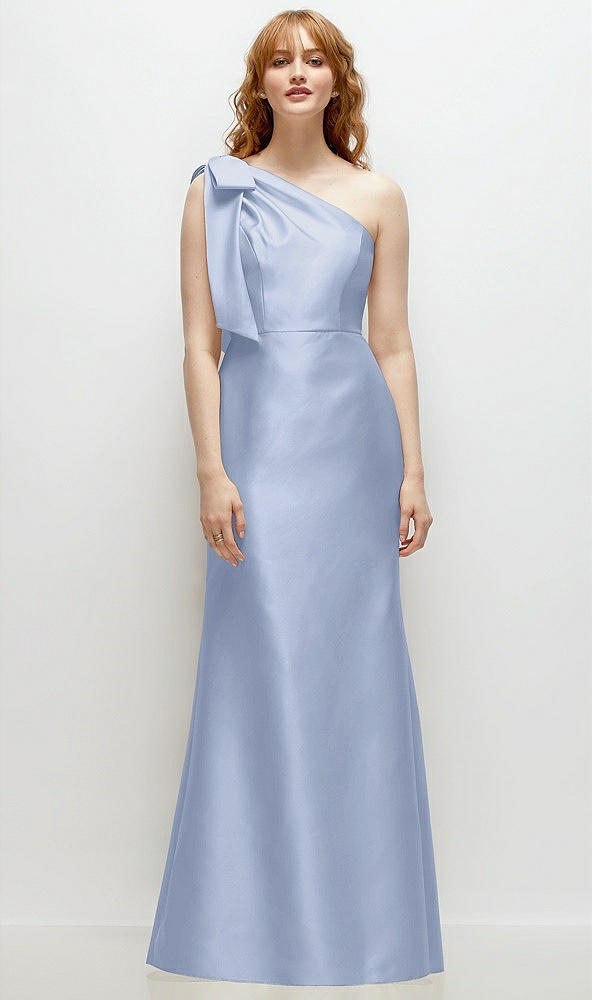 Front View - Sky Blue Bow One-Shoulder Satin Trumpet Gown