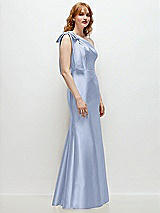 Rear View Thumbnail - Sky Blue Bow One-Shoulder Satin Trumpet Gown