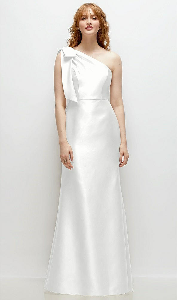 Front View - White Bow One-Shoulder Satin Trumpet Gown