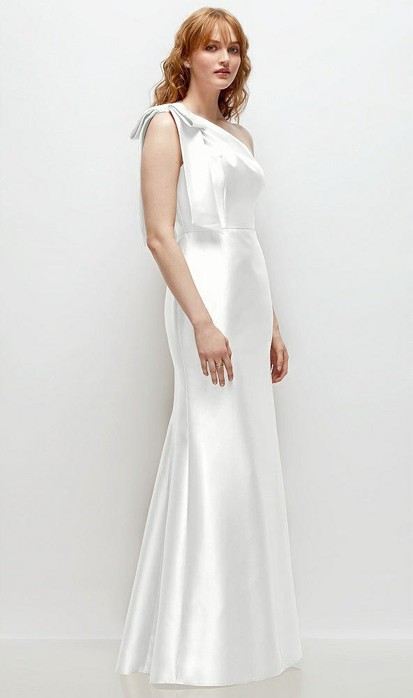 Back View - White Bow One-Shoulder Satin Trumpet Gown