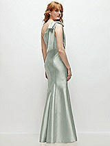 Side View Thumbnail - Willow Green Bow One-Shoulder Satin Trumpet Gown