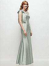 Rear View Thumbnail - Willow Green Bow One-Shoulder Satin Trumpet Gown