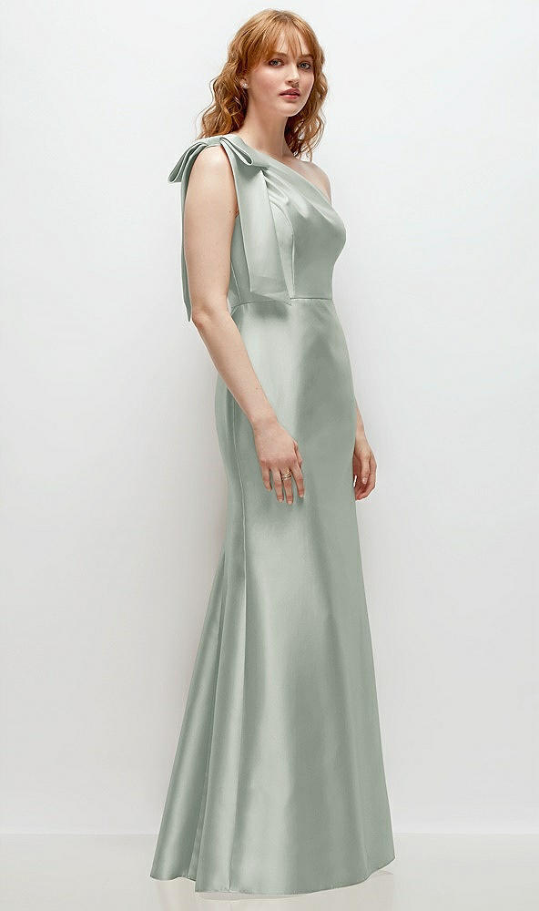 Back View - Willow Green Bow One-Shoulder Satin Trumpet Gown