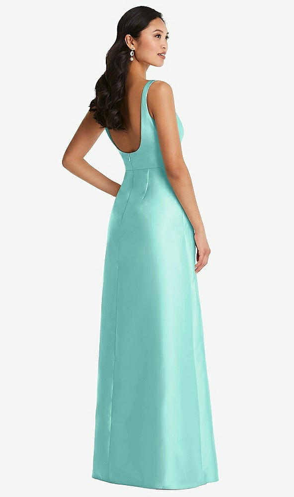 Back View - Coastal Pleated Bodice Open-Back Maxi Dress with Pockets