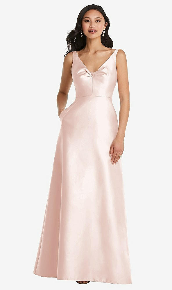 Front View - Blush Pleated Bodice Open-Back Maxi Dress with Pockets