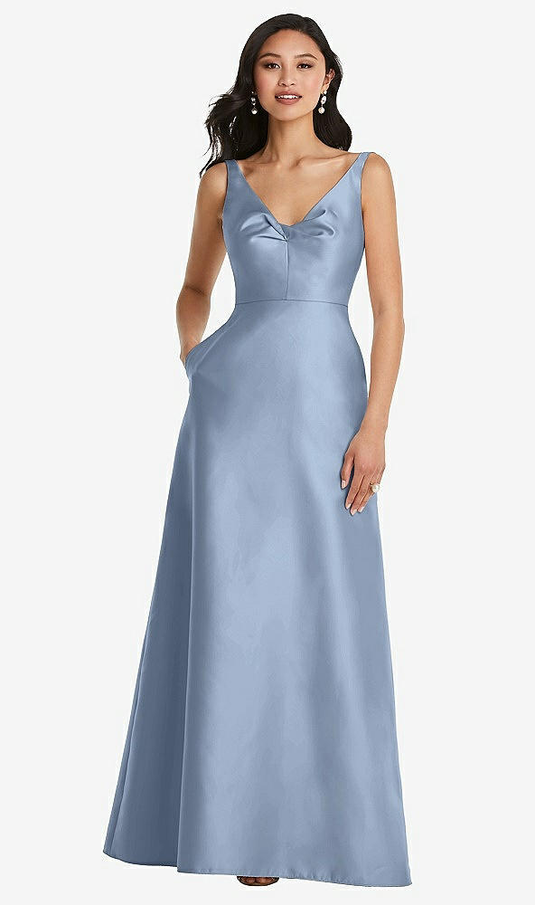 Front View - Cloudy Pleated Bodice Open-Back Maxi Dress with Pockets