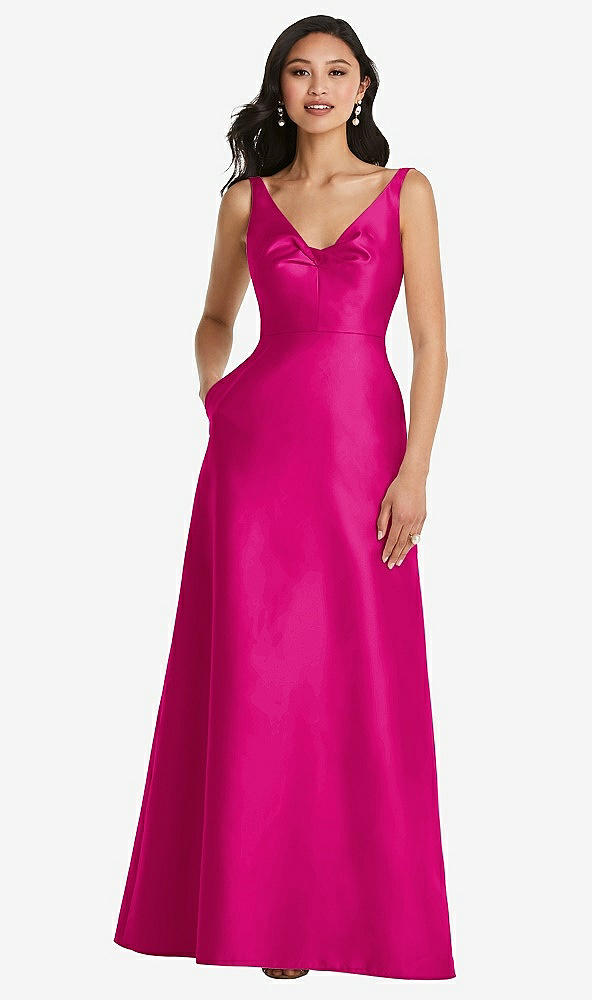 Front View - Think Pink Pleated Bodice Open-Back Maxi Dress with Pockets