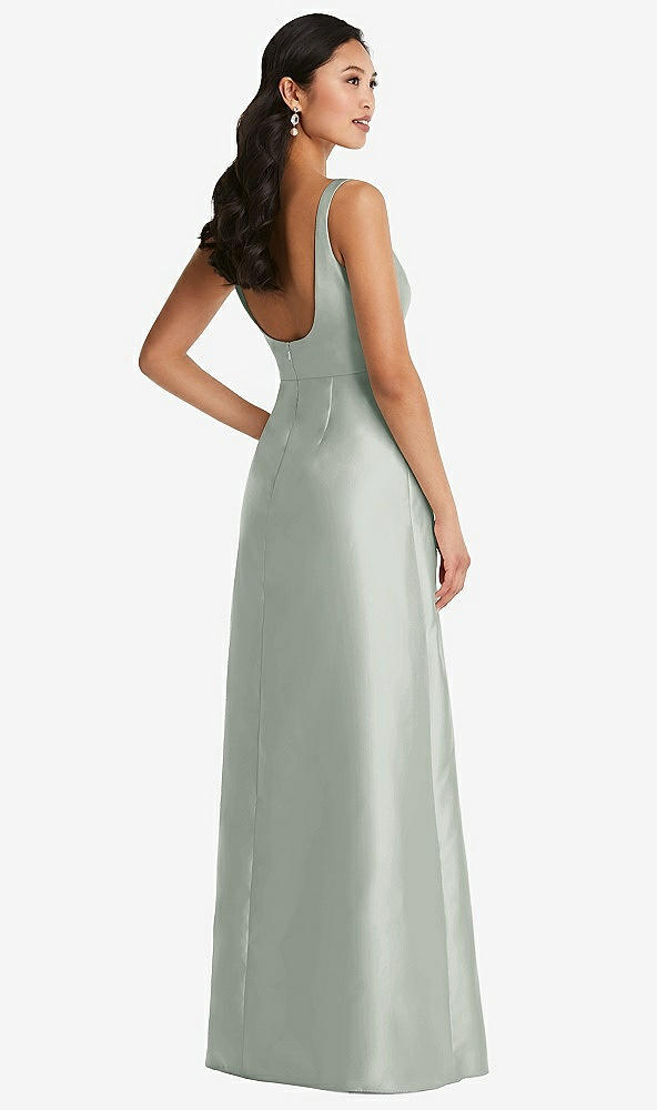 Back View - Willow Green Pleated Bodice Open-Back Maxi Dress with Pockets