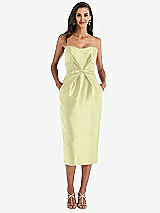 Front View Thumbnail - Butter Yellow Strapless Bow-Waist Pleated Satin Pencil Dress with Pockets