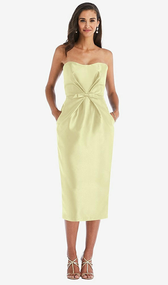 Front View - Butter Yellow Strapless Bow-Waist Pleated Satin Pencil Dress with Pockets