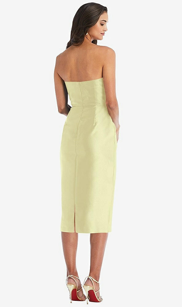 Back View - Butter Yellow Strapless Bow-Waist Pleated Satin Pencil Dress with Pockets