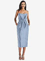 Front View Thumbnail - Cloudy Strapless Bow-Waist Pleated Satin Pencil Dress with Pockets