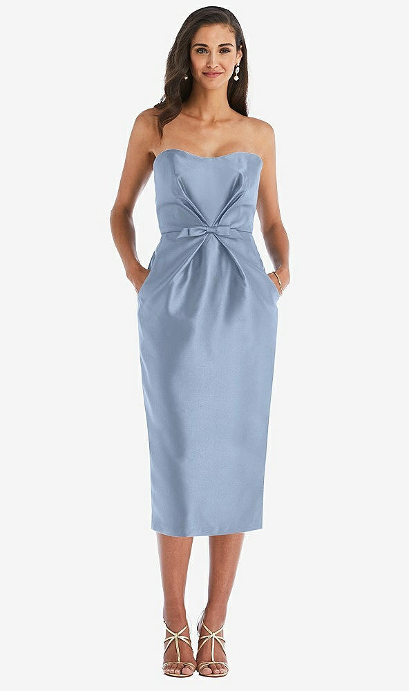 Front View - Cloudy Strapless Bow-Waist Pleated Satin Pencil Dress with Pockets