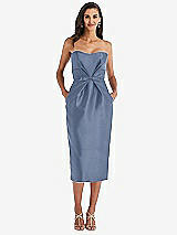 Front View Thumbnail - Larkspur Blue Strapless Bow-Waist Pleated Satin Pencil Dress with Pockets