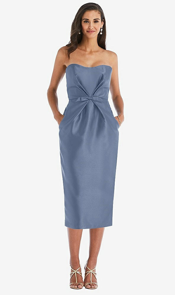 Front View - Larkspur Blue Strapless Bow-Waist Pleated Satin Pencil Dress with Pockets