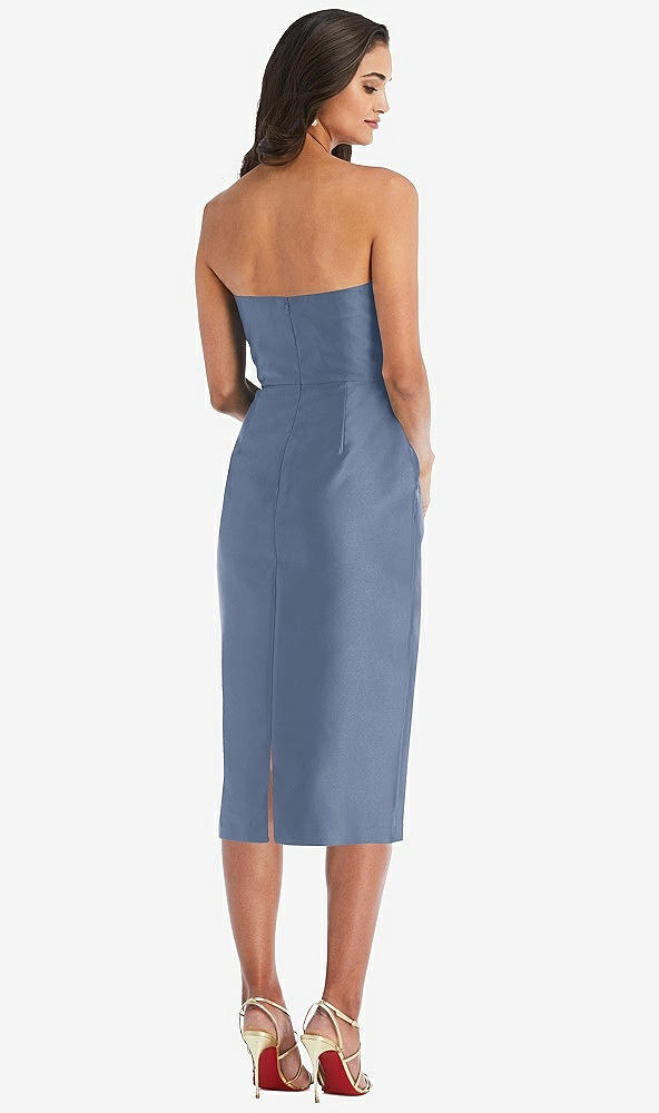 Back View - Larkspur Blue Strapless Bow-Waist Pleated Satin Pencil Dress with Pockets