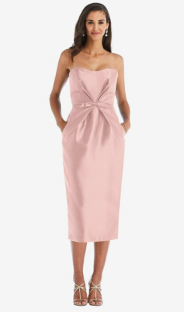 Front View - Rose Quartz Strapless Bow-Waist Pleated Satin Pencil Dress with Pockets