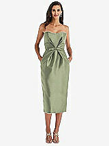 Front View Thumbnail - Sage Strapless Bow-Waist Pleated Satin Pencil Dress with Pockets