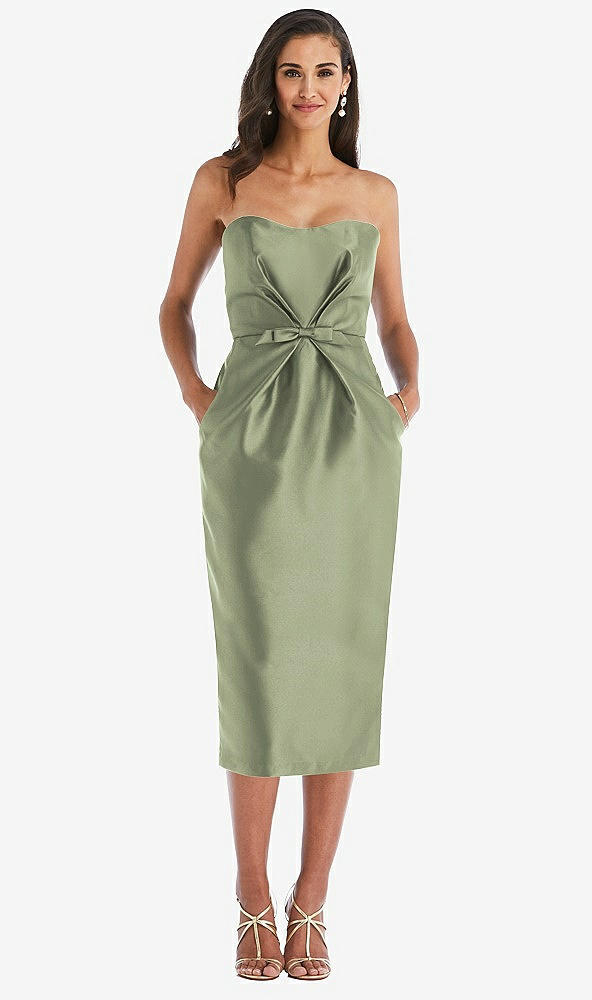 Front View - Sage Strapless Bow-Waist Pleated Satin Pencil Dress with Pockets