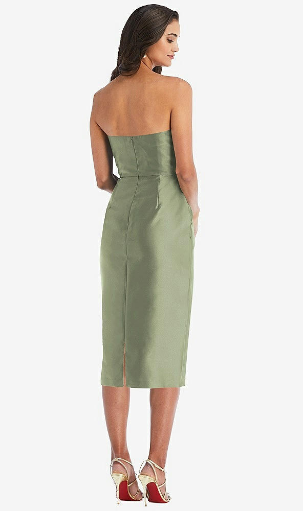 Back View - Sage Strapless Bow-Waist Pleated Satin Pencil Dress with Pockets