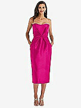 Front View Thumbnail - Think Pink Strapless Bow-Waist Pleated Satin Pencil Dress with Pockets