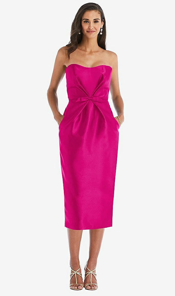 Front View - Think Pink Strapless Bow-Waist Pleated Satin Pencil Dress with Pockets