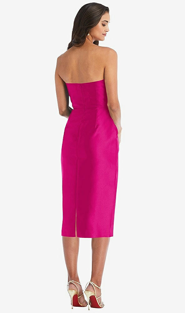 Back View - Think Pink Strapless Bow-Waist Pleated Satin Pencil Dress with Pockets