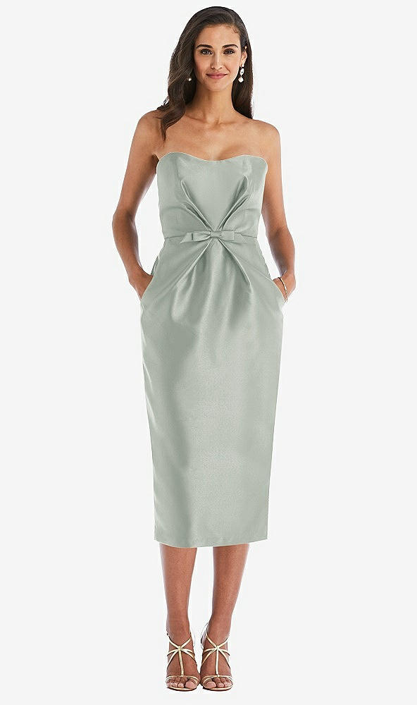 Front View - Willow Green Strapless Bow-Waist Pleated Satin Pencil Dress with Pockets