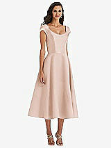 Front View Thumbnail - Cameo Puff Cap Sleeve Full Skirt Satin Midi Dress