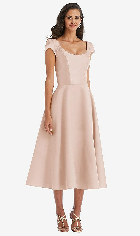 Front View - Cameo Puff Cap Sleeve Full Skirt Satin Midi Dress