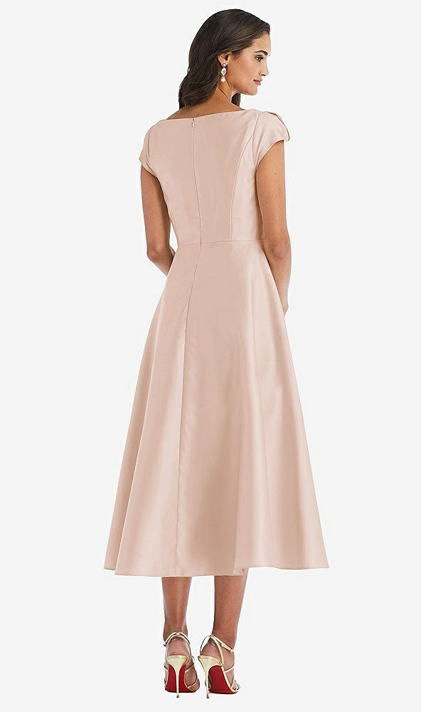 Back View - Cameo Puff Cap Sleeve Full Skirt Satin Midi Dress