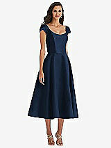 Front View Thumbnail - Midnight Navy Puff Cap Sleeve Full Skirt Satin Midi Dress