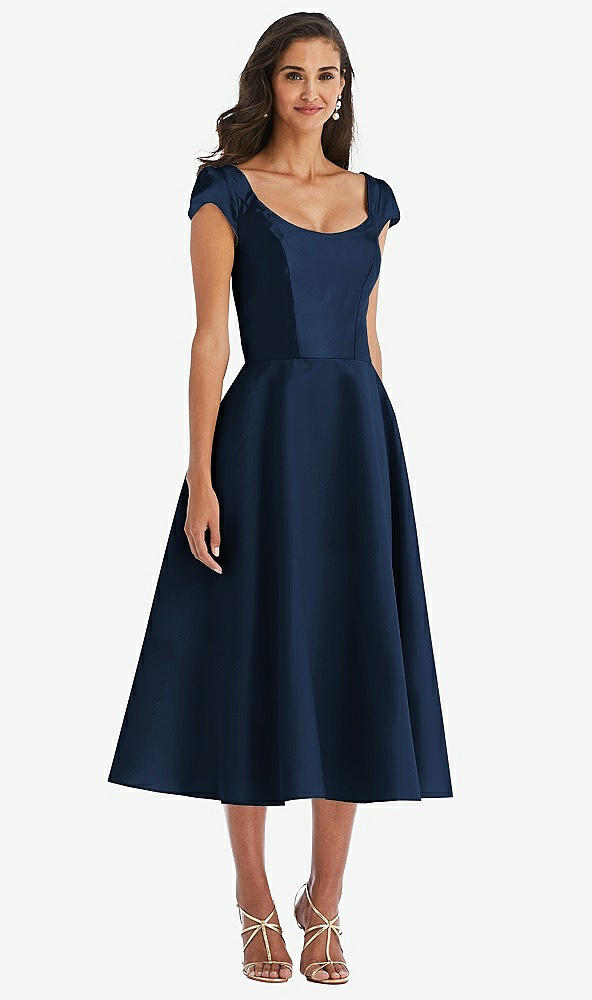 Front View - Midnight Navy Puff Cap Sleeve Full Skirt Satin Midi Dress