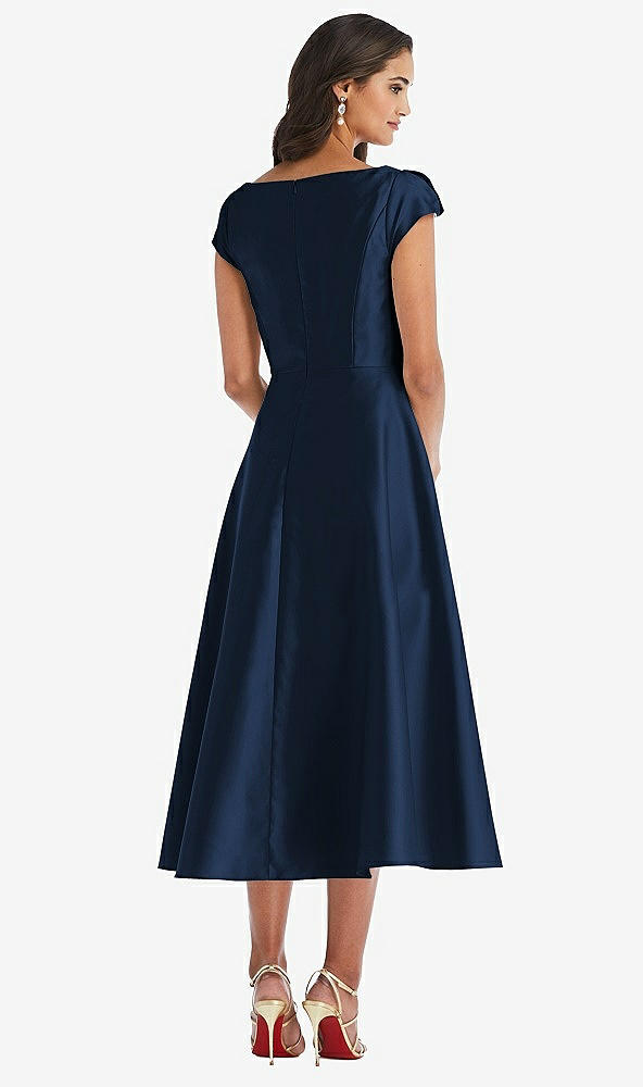 Back View - Midnight Navy Puff Cap Sleeve Full Skirt Satin Midi Dress