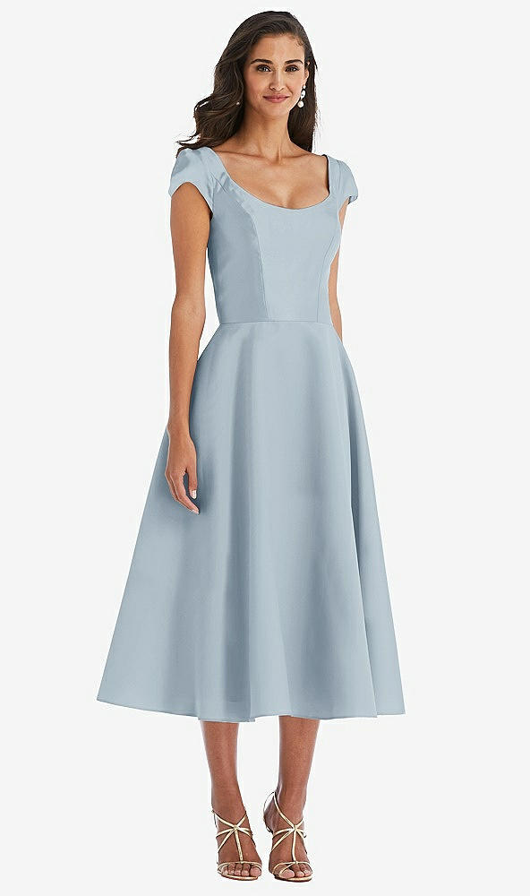 Front View - Mist Puff Cap Sleeve Full Skirt Satin Midi Dress